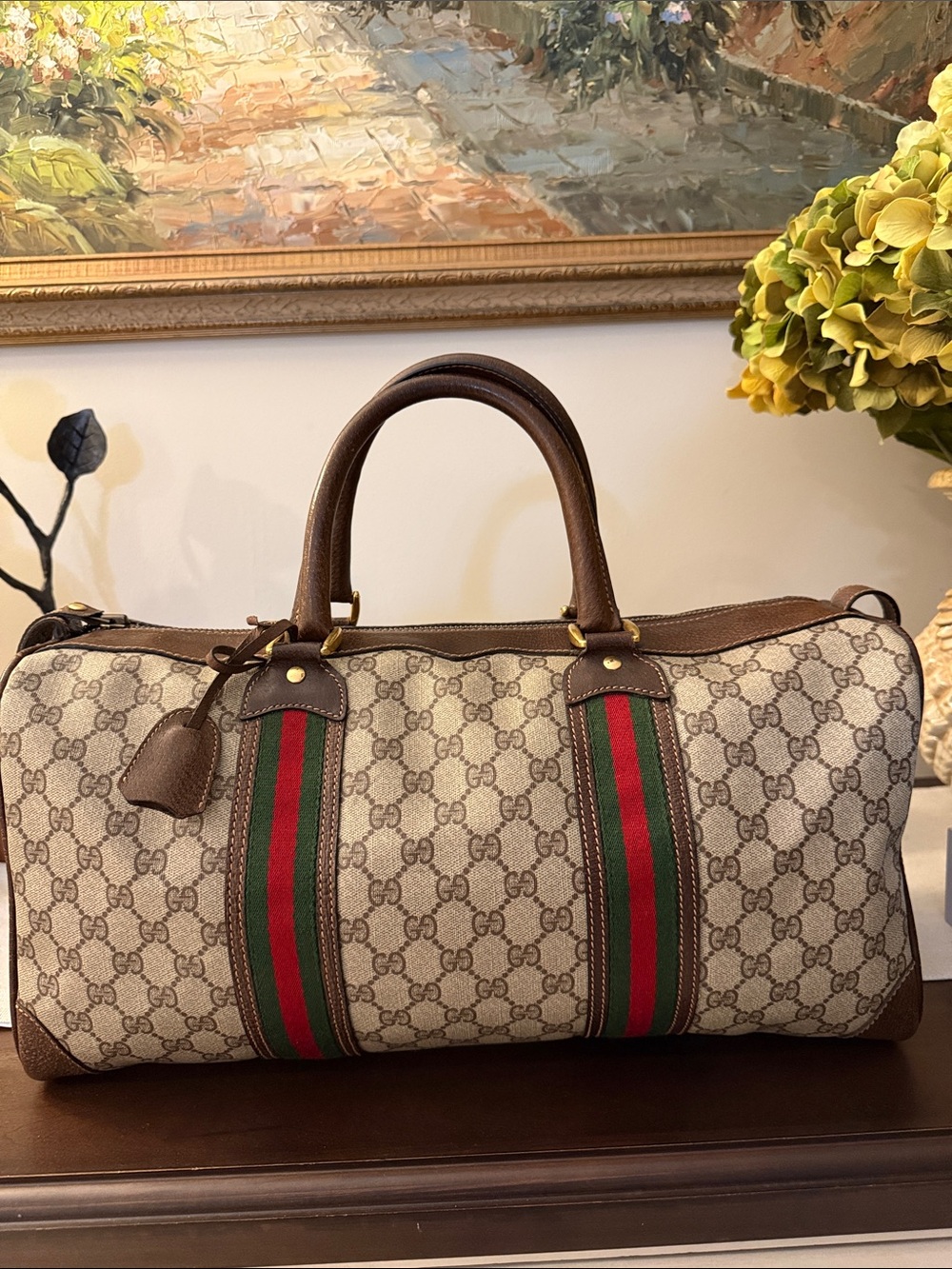 Gucci Beige GG Supreme Canvas Travel Duffle with Brown Leather and Red-Green Web